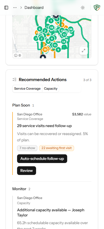 Mobile dashboard — live map and Recommended Actions in one view.